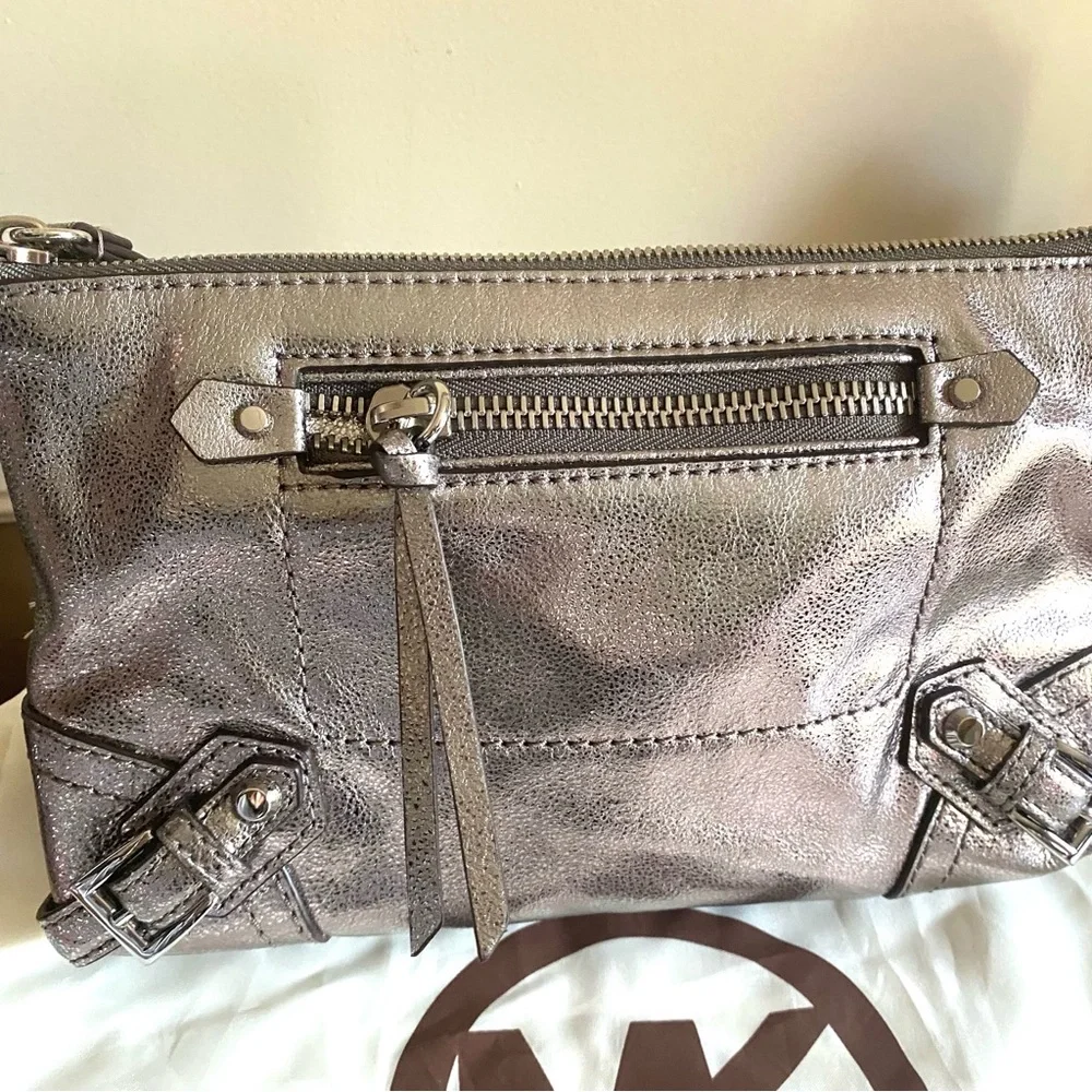 Michael Kors Fallon Metallic gray leather Wristlet Clutch with dust bag NWOT